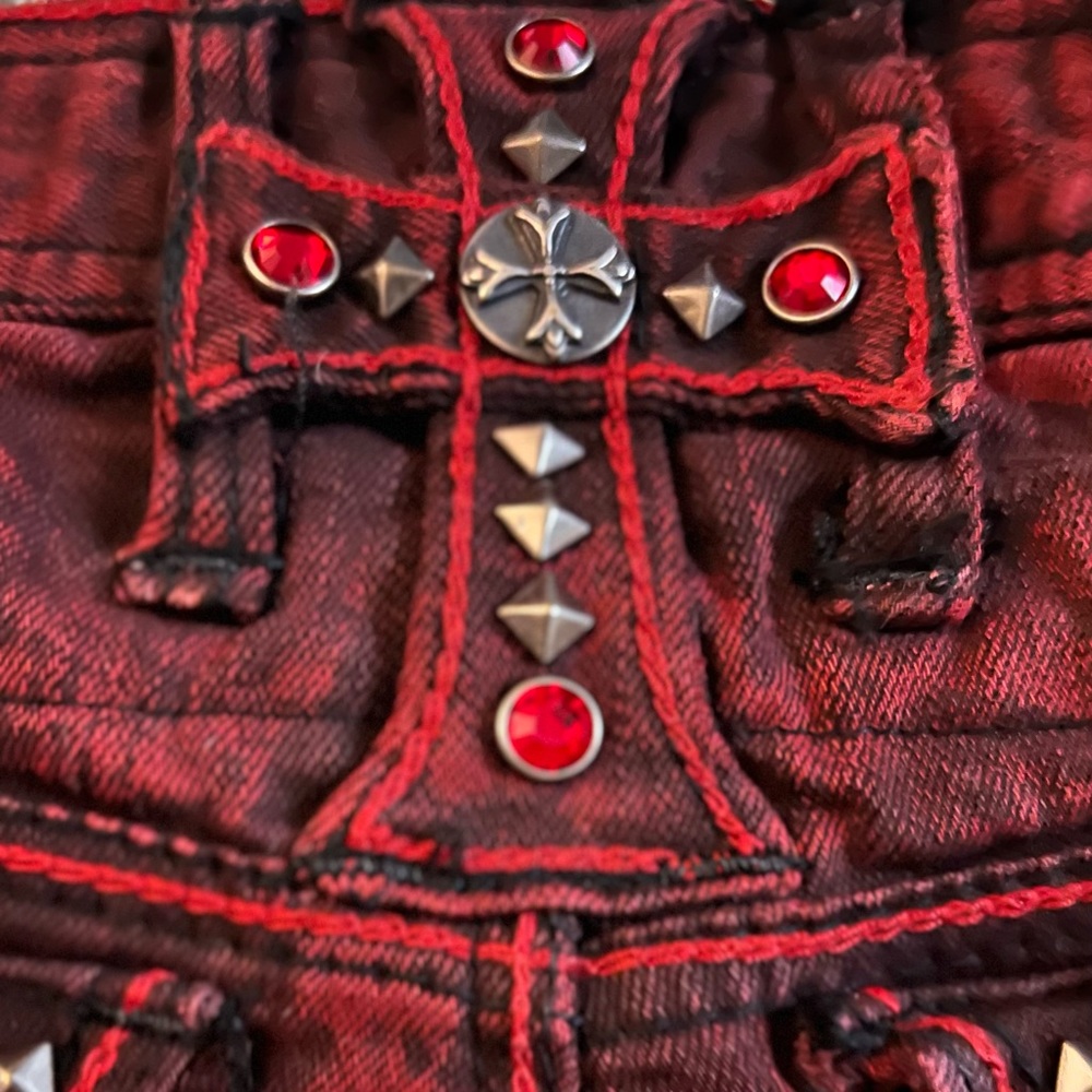 TheSaintsSinphony OOAK Distressed Studded Studded Moto Denim Shorts - Picture 9 of 11